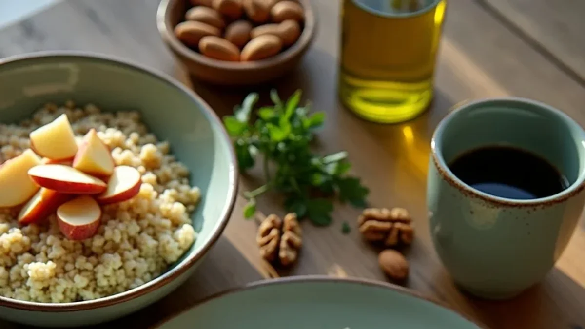Mesa posta com tigela de quinoa e maçã, amêndoas, nozes, azeite e café sem açúcar — alimentos que ajudam a baixar o colesterol