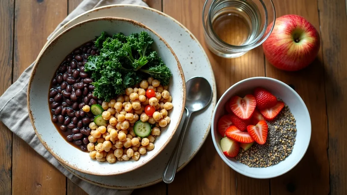 Mesa com feijão preto, arroz integral, salada de grão-de-bico e frutas com casca — alimentação rica em fibra para diverticulite