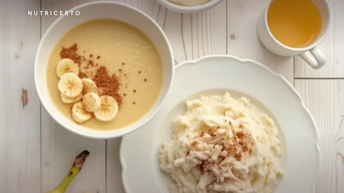Mesa posta com purê de batata-doce, canja e chá de camomila morno — refeições macias para quem tem esofagite