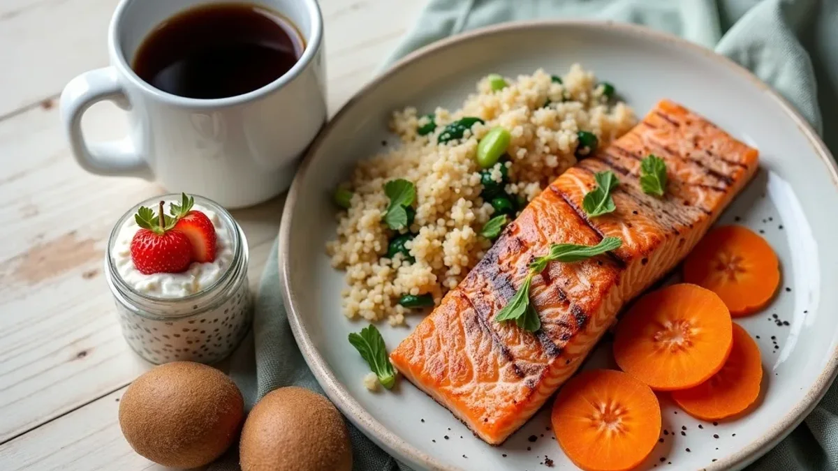 Prato com salmão grelhado, quinoa, cenoura e morango, ao lado de kiwi e café — refeição da fase de restrição, toda de alimentos baixo FODMAP