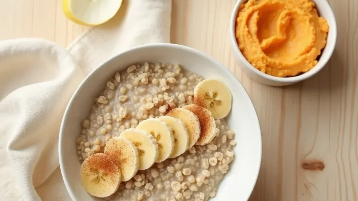 Mesa posta com mingau de aveia, chá morno e frutas cozidas — refeições leves para quem tem gastrite