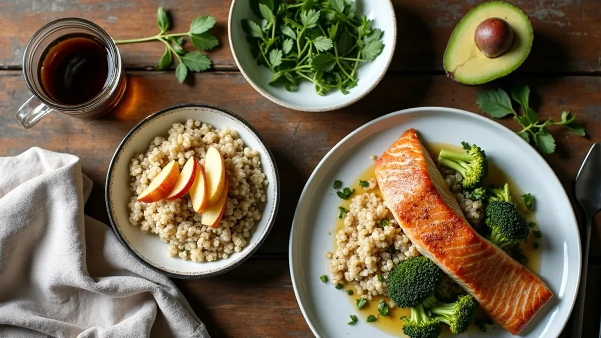 Mesa posta com salmão e brócolis, quinoa com maçã, abacate e café sem açúcar — alimentos que ajudam a reverter a esteatose
