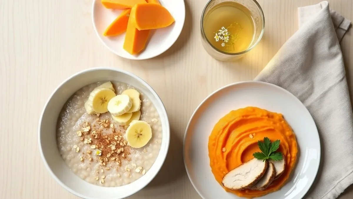 Mesa posta com mingau de aveia com banana, purê de batata-doce com frango, mamão e chá de camomila — refeições leves para quem tem refluxo